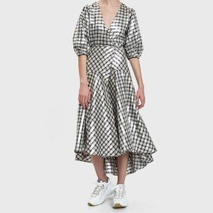 Ganni Silver Checkered lagarde wrap dress